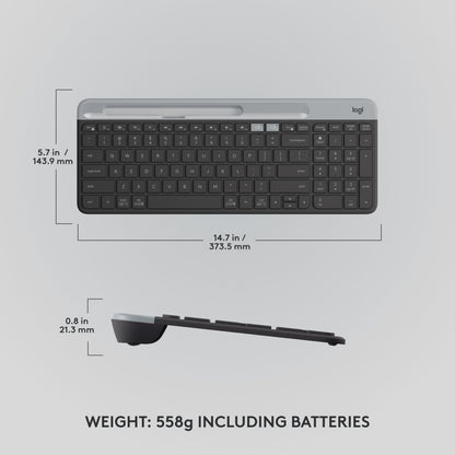 Logitech K580 trådløst tastatur, set forfra og fra siden, sorte taster, grå holder, vist med mål i tommer og mm.