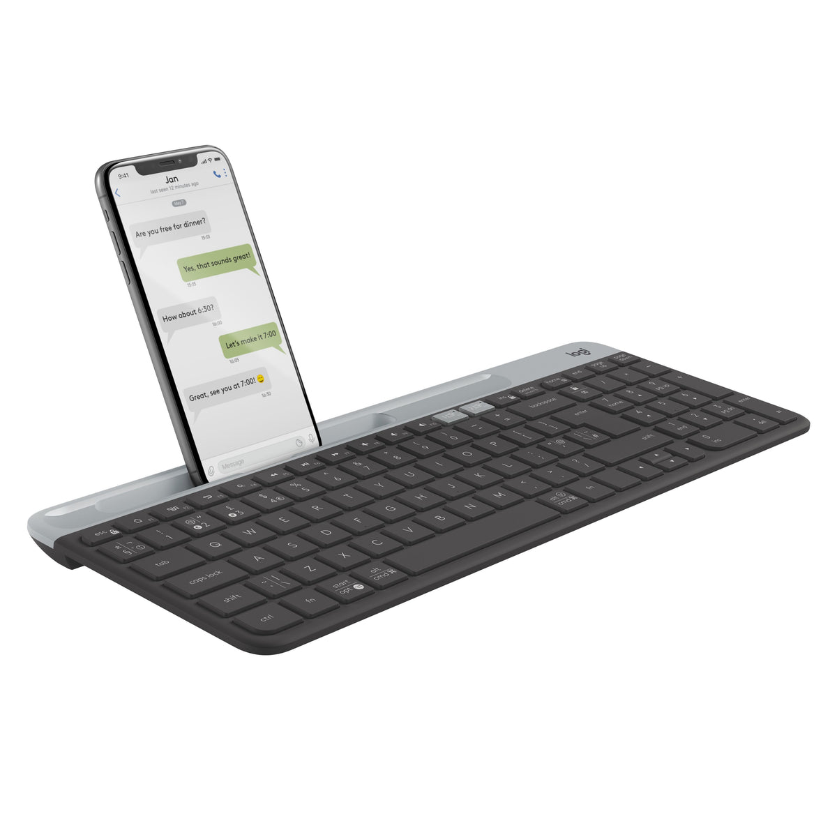 Mørkegråt Logitech K580 Slim trådløst tastatur til flere enheder med smartphone i integreret holder.