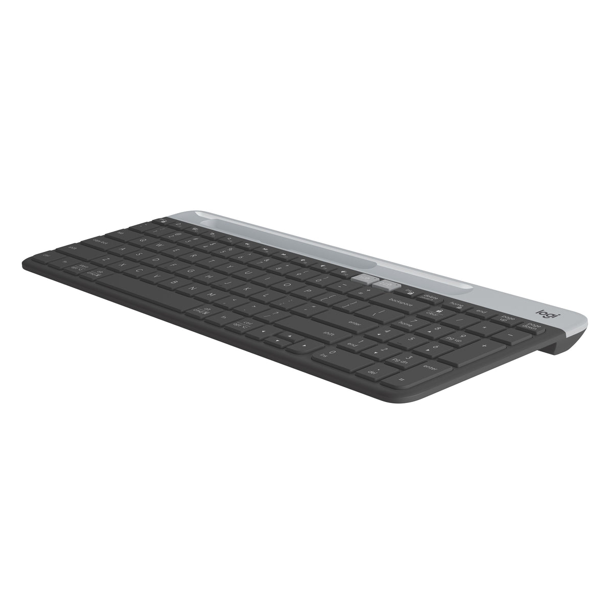 Logitech K580 Slim trådløst tastatur til flere enheder, gråt topdæksel og sorte taster, set fra siden.