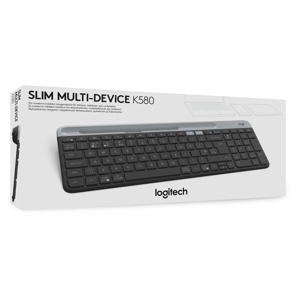 Logitech K580 Slim trådløst tastatur i emballage med holder til mobile enheder.