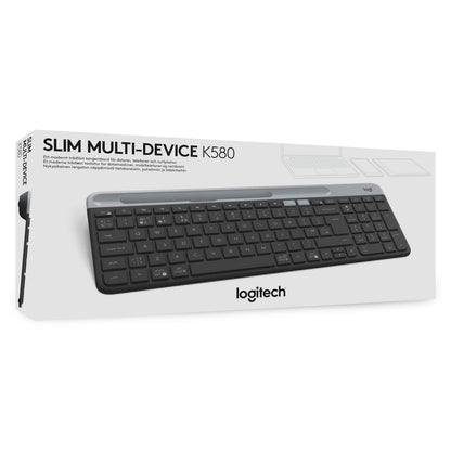 Logitech K580 Slim trådløst tastatur i emballage med holder til mobile enheder.
