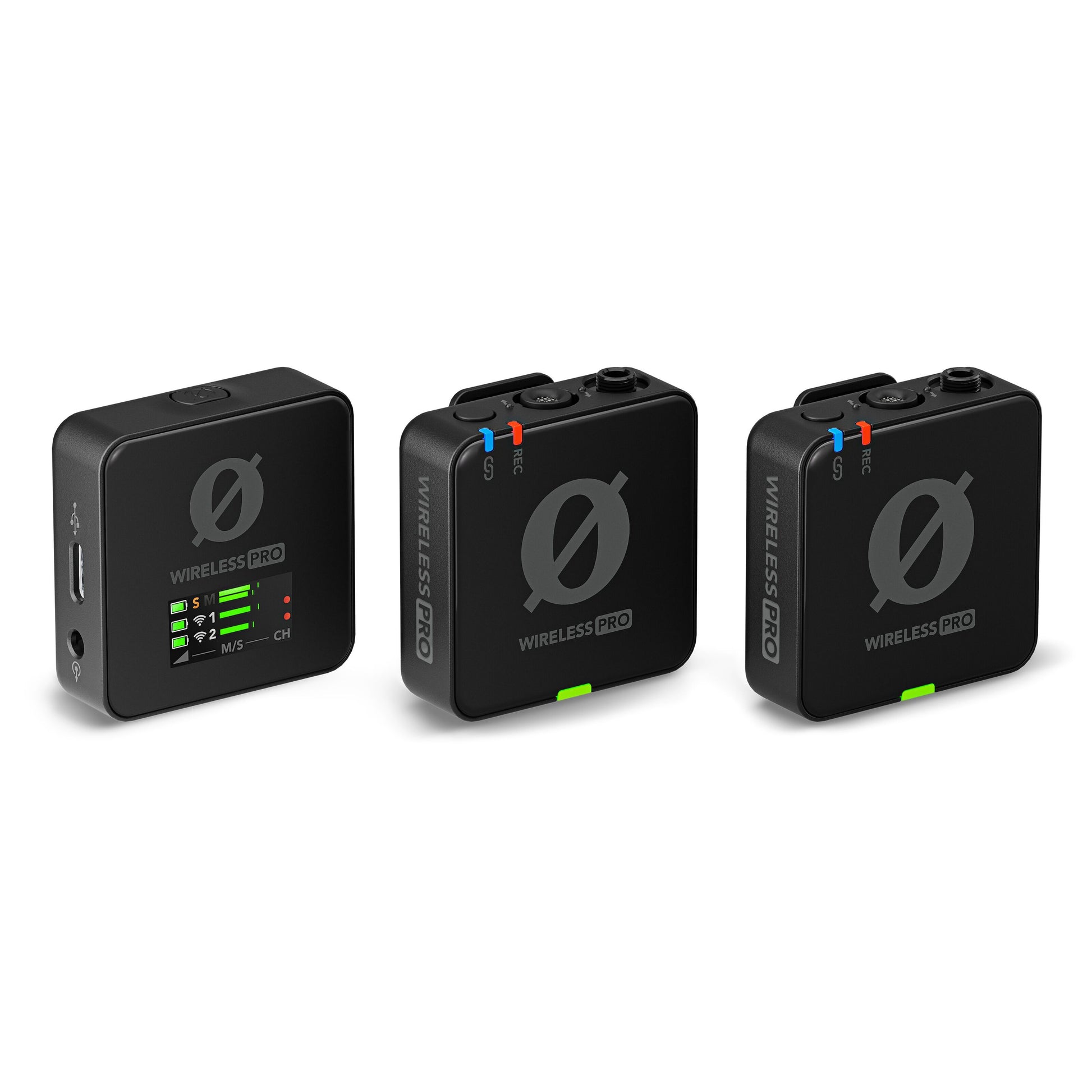 Røde Trådløst PRO mikrofonsystem, tre enheder med Ø-logo og WIRELESS PRO, LED-indikatorer, USB-C og mic/USB-labels.