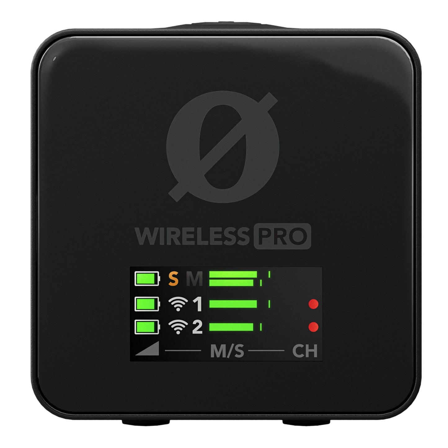 Røde Wireless PRO trådløst mikrofonsystem sort, display til batteri og signal til to kanaler, indikatorlys, logo over skærm.