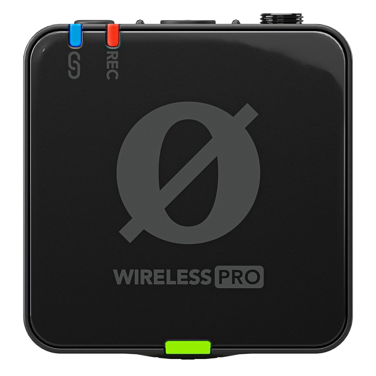 Røde Wireless PRO trådløst mikrofonsystem, sort, kvadratisk afsender med nul-symbol, rød/blå knap og grøn detalje.