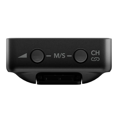 Røde Trådløst PRO trådløst mikrofonsystem sort, M/S og CH knapper med pile- og kædelink-symboler, stik i bunden.