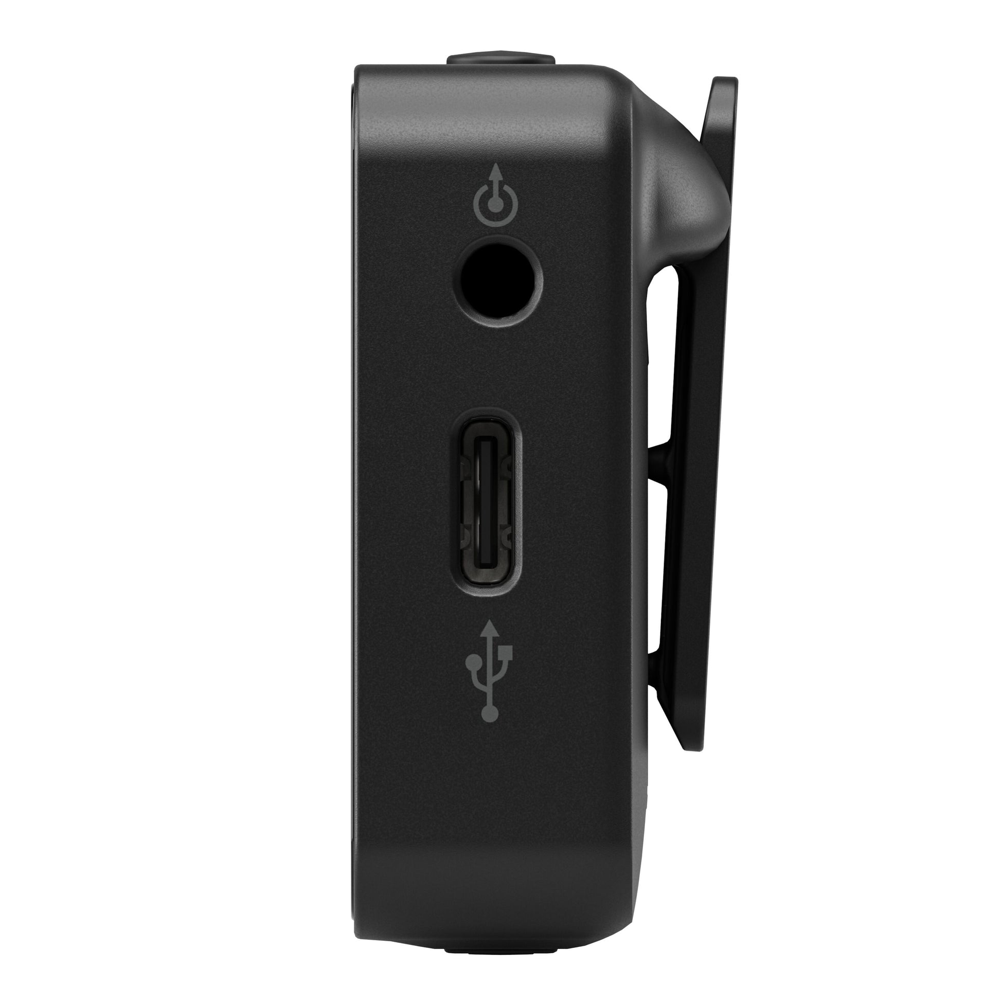 Røde Trådløst PRO sort mikrofonsystem side, 3,5 mm jack, USB-C port, power-knap ikon, USB-symbol og clip højre side.