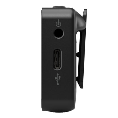 Røde Trådløst PRO sort mikrofonsystem side, 3,5 mm jack, USB-C port, power-knap ikon, USB-symbol og clip højre side.