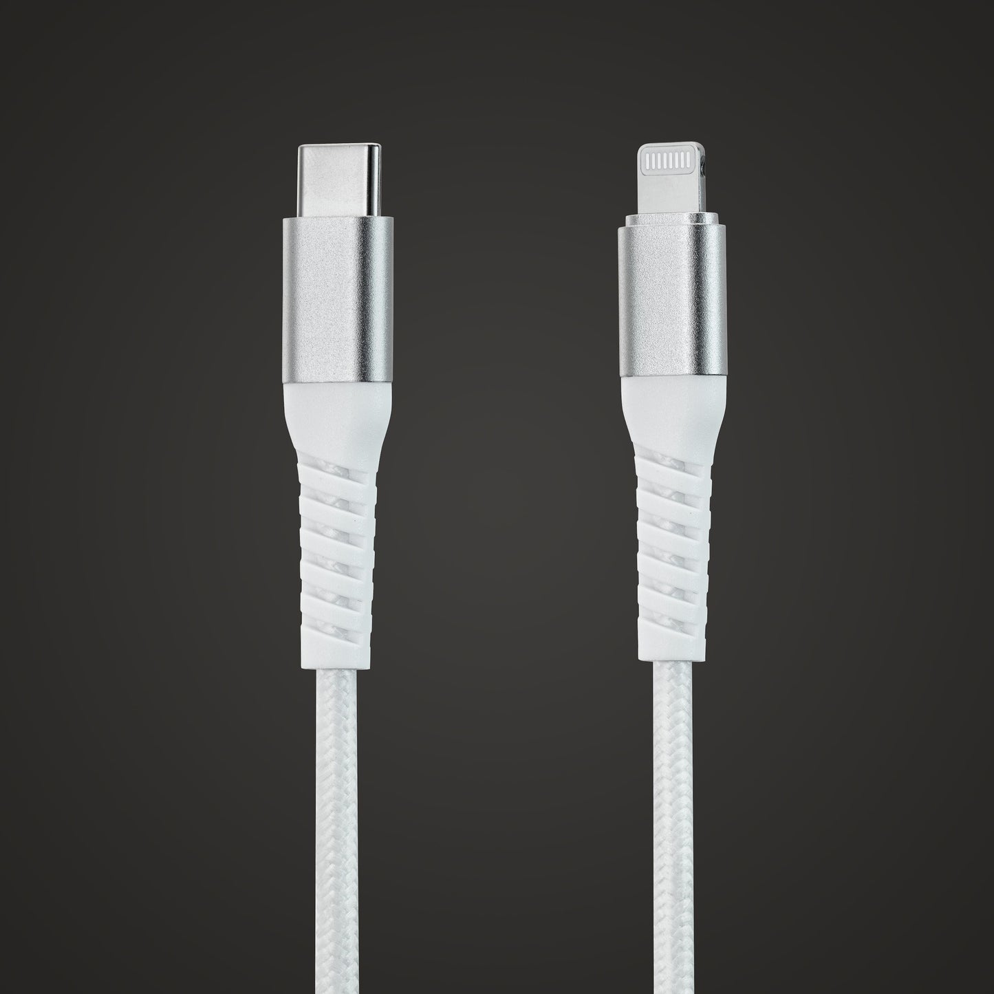 Kevlar USB-C til Lightning-kabel 0,5 m hvid MFi-godkendt, vises lodret, understøtter 30 W opladning.