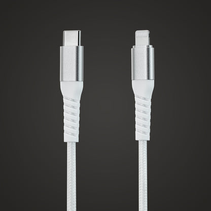 Et nærbillede af Linocell Kevlar USB-C- til Lightning-kabel (2 m, hvid), MFi-certificeret til Apple-enheder. Kablet har et hvidt flettet design og sølvfarvede stik fra Linocell, vist mod en mørk baggrund.