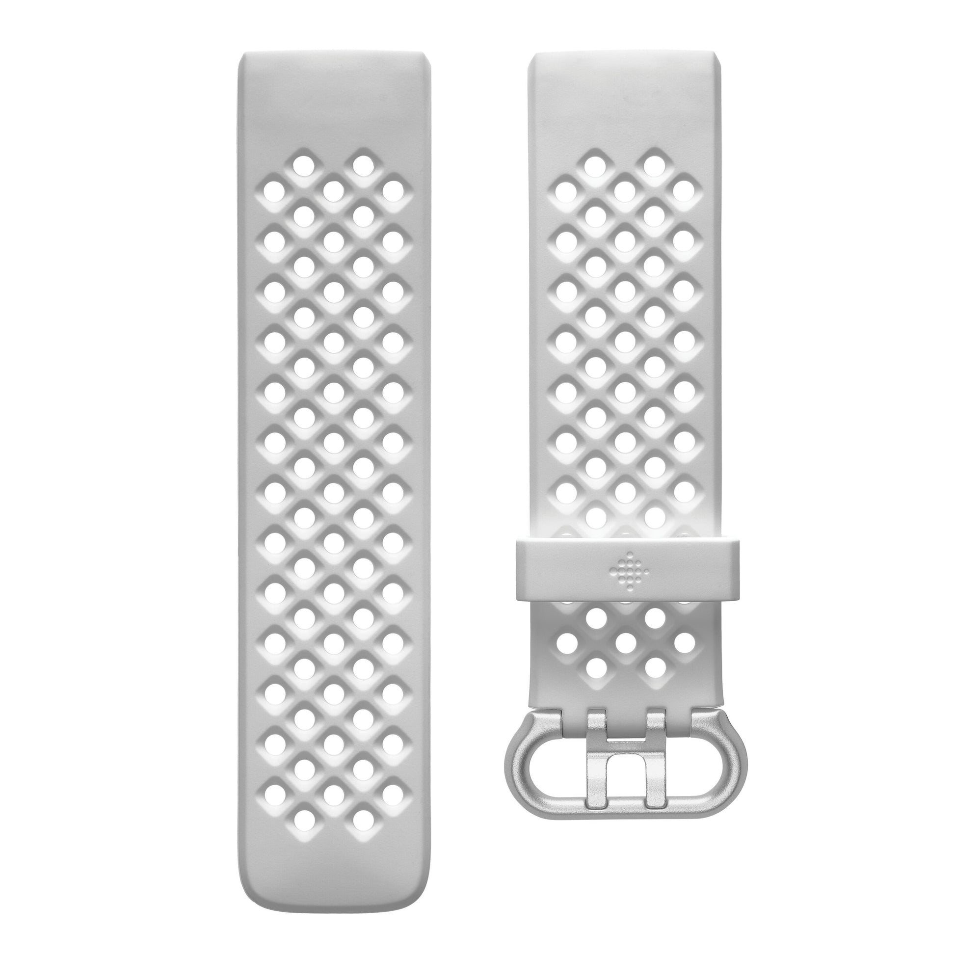 Fitbit Charge sportsarmbånd str. L hvid, én med spænde og bøjle, én uden, begge med diamantformet perforeringsmønster.