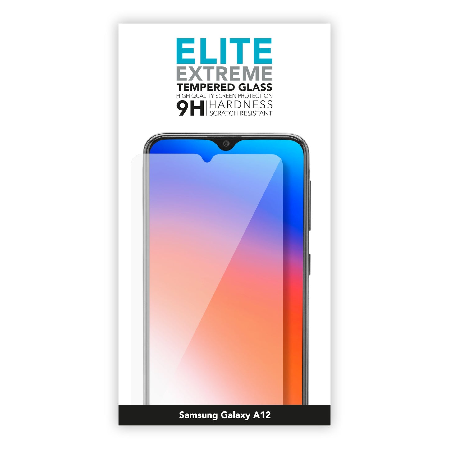 Elite Extreme skærmbeskyttelse til Galaxy A04s/A12/A13 9H hærdet glas ridsefast emballage med telefonbillede.