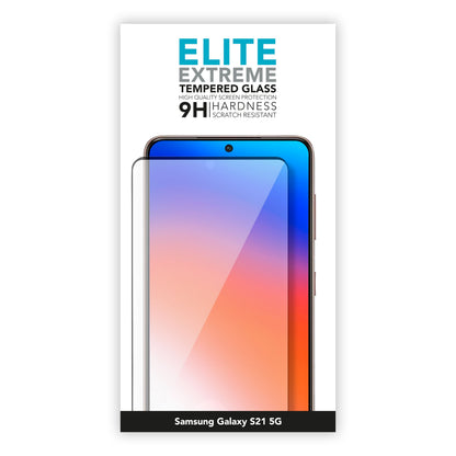 Skærmbeskyttelse hærdet glas til Galaxy S21 med 9H hårdhed og anti-rids tekst på emballagen.