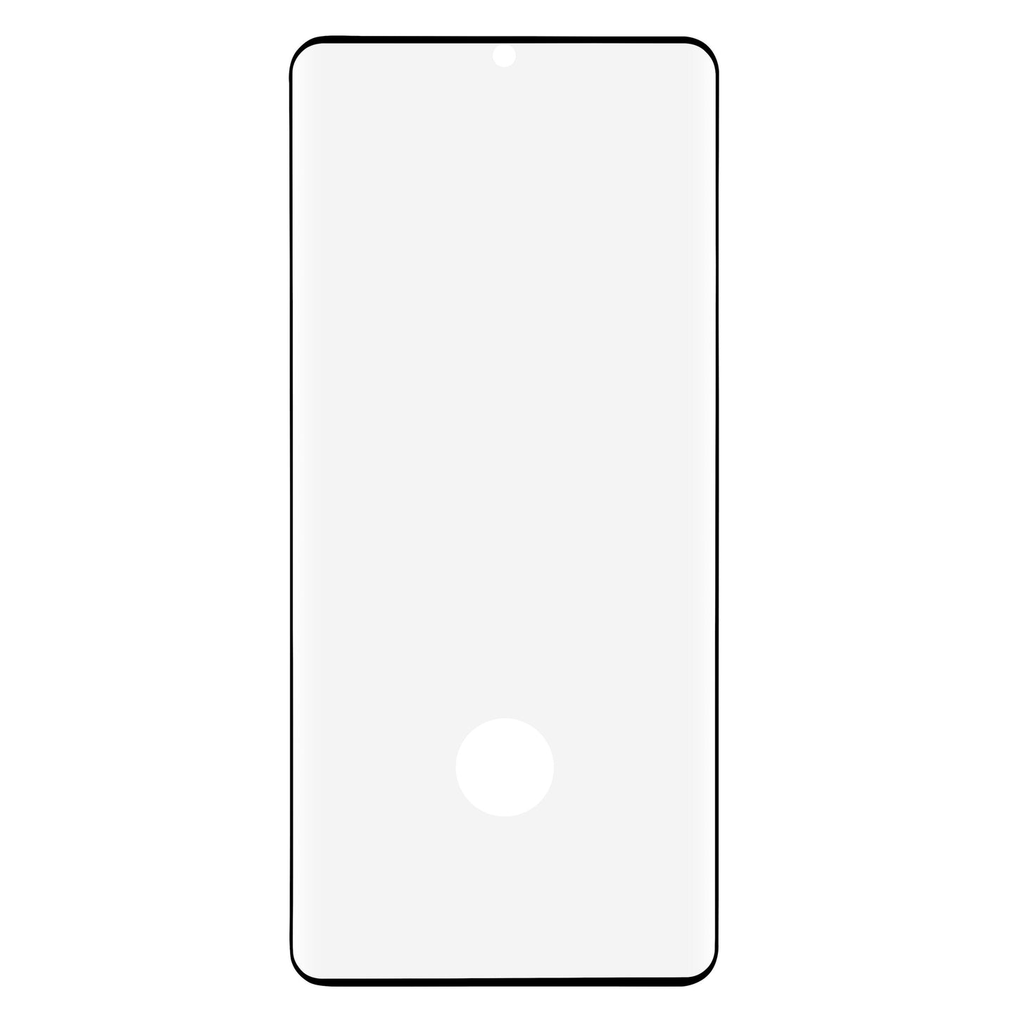 Linocell Elite Extreme skærmbeskyttelse Galaxy S21 Plus, sort kant, frontkamera top, hvid cirkel nederst på hærdet glas.