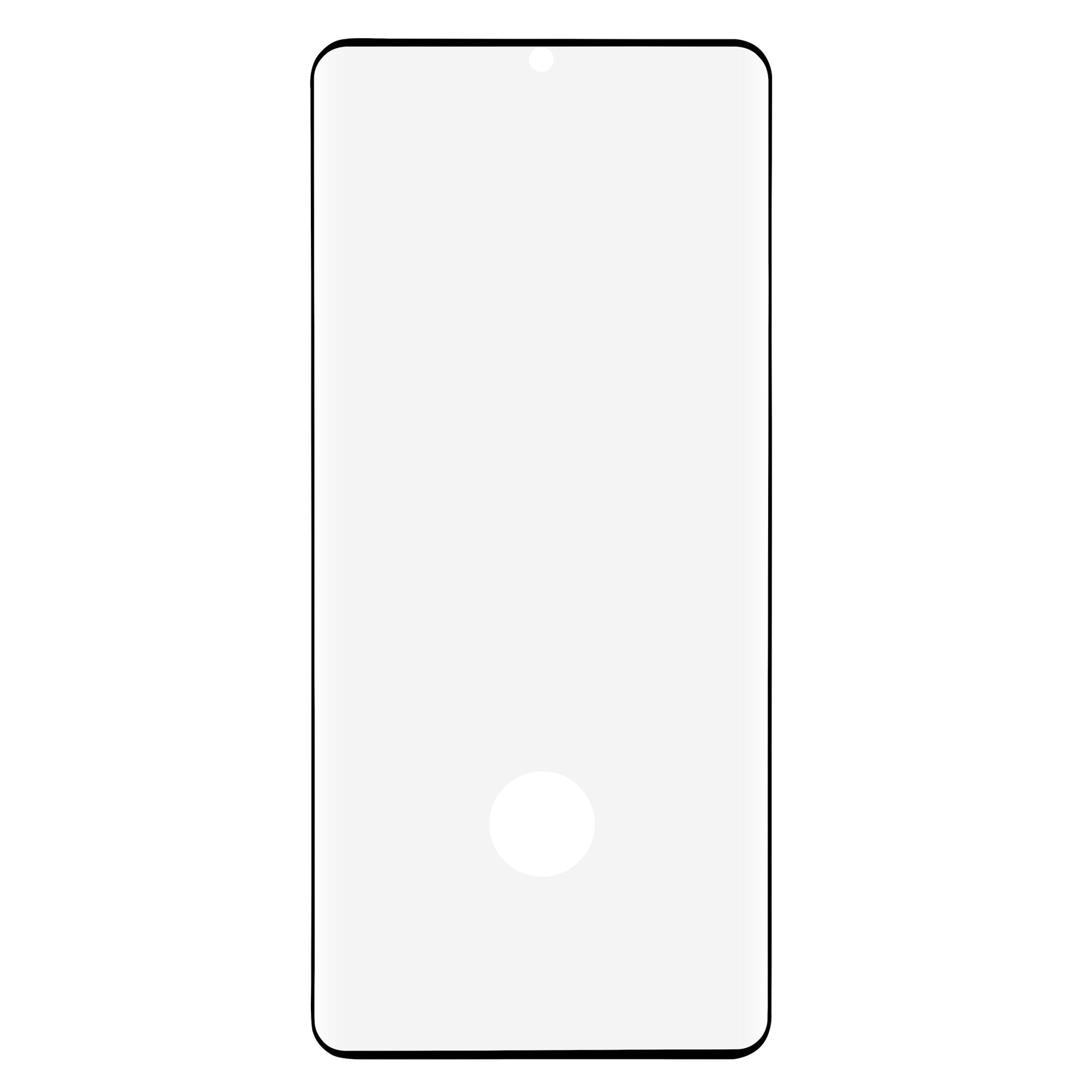 Linocell Elite Extreme skærmbeskyttelse Galaxy S21 Plus, sort kant, frontkamera top, hvid cirkel nederst på hærdet glas.