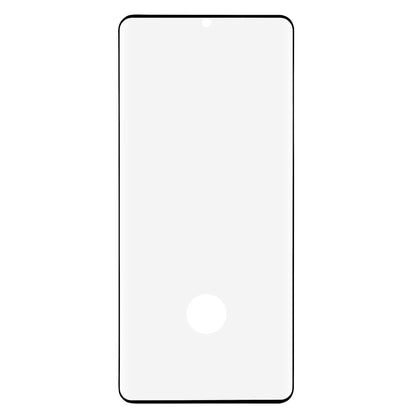 Linocell Elite Extreme skærmbeskyttelse Galaxy S21 Plus, sort kant, frontkamera top, hvid cirkel nederst på hærdet glas.