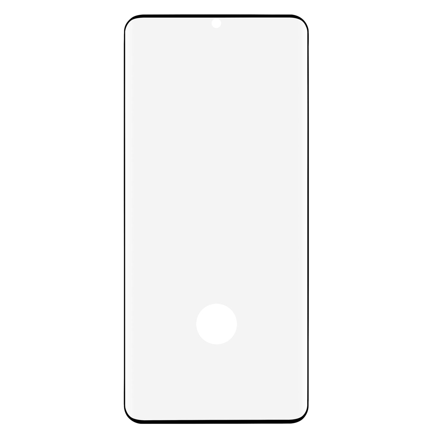 Galaxy S21 Ultra hærdet glas skærmbeskyttelse, buet, sorte kanter, punch-hole topmidte, rund fingeraftryksudskæring.