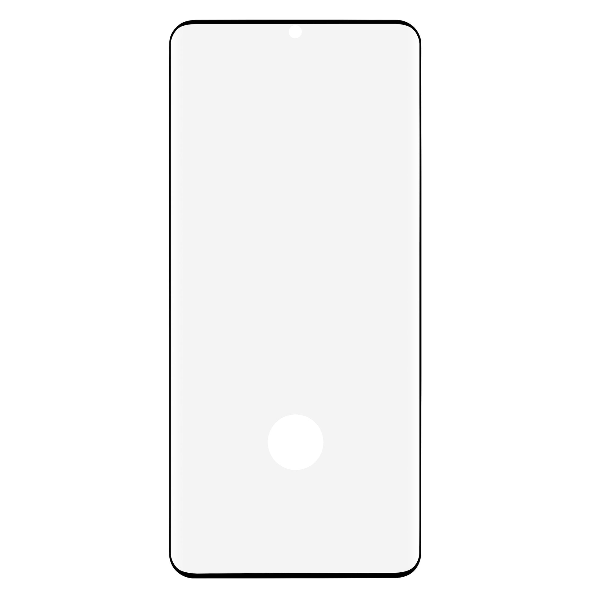Galaxy S21 Ultra hærdet glas skærmbeskyttelse, buet, sorte kanter, punch-hole topmidte, rund fingeraftryksudskæring.