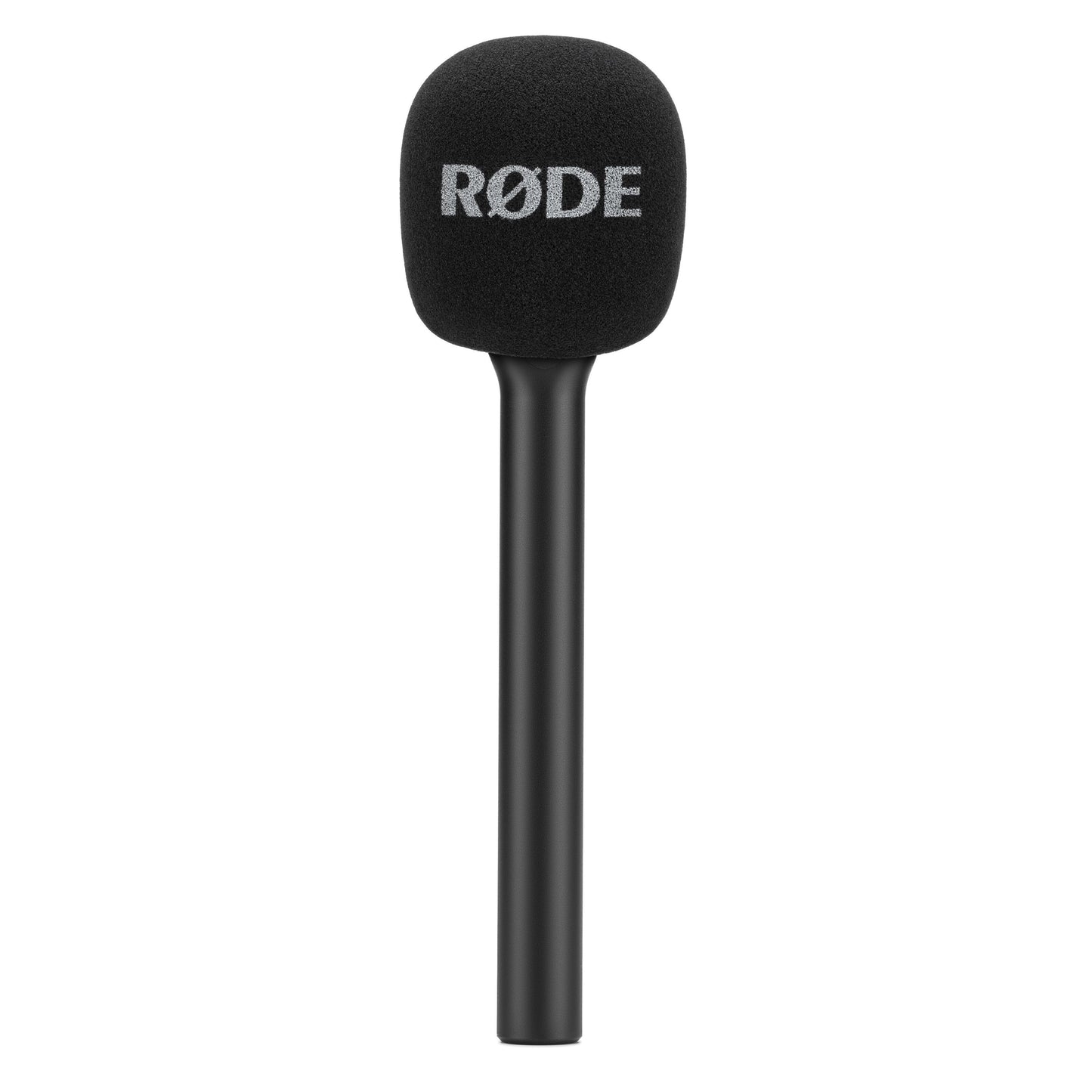 RØDE Interview GO sort håndholdt mikrofon, stødpude med gråt RØDE-logo, lang slank håndtag, rund top, kompatibel med Wireless GO.