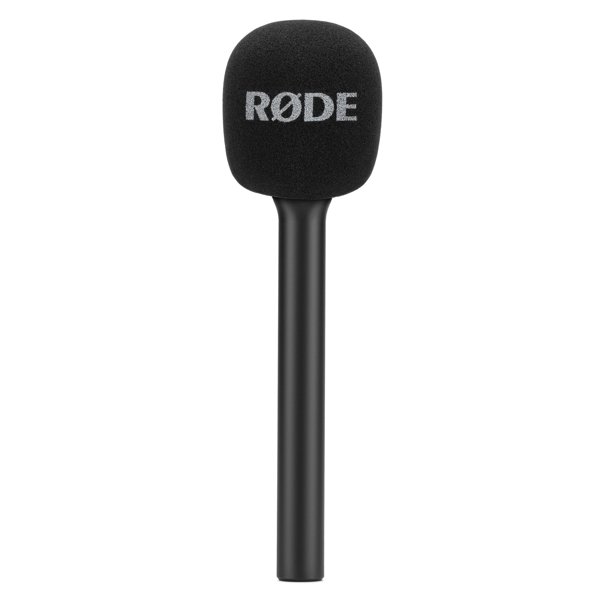 RØDE Interview GO sort håndholdt mikrofon, stødpude med gråt RØDE-logo, lang slank håndtag, rund top, kompatibel med Wireless GO.