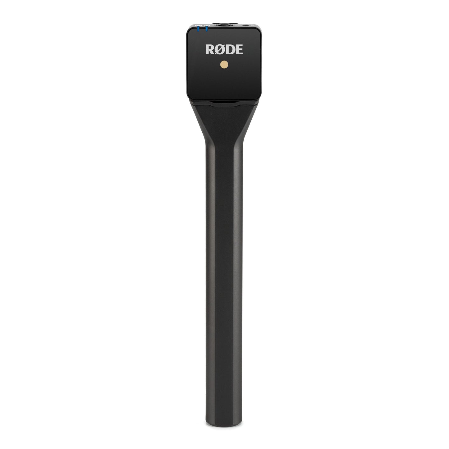 Røde Interview GO mikrofon sort, lang håndtag, firkantet top, gul prik, Røde logo, kompatibel med Wireless GO.