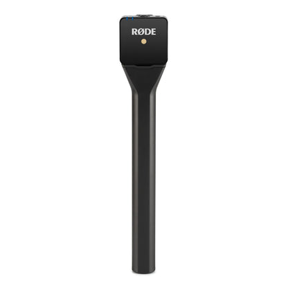 Røde Interview GO mikrofon sort, lang håndtag, firkantet top, gul prik, Røde logo, kompatibel med Wireless GO.