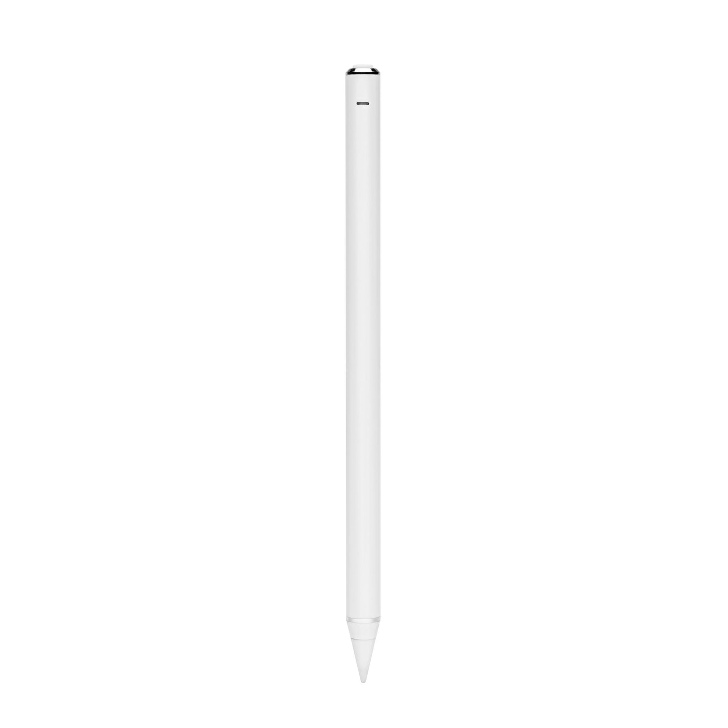 Linocell Digital pen, hvid, cylindrisk krop med spids ende og sølvfarvet bånd nær toppen, vises lodret.