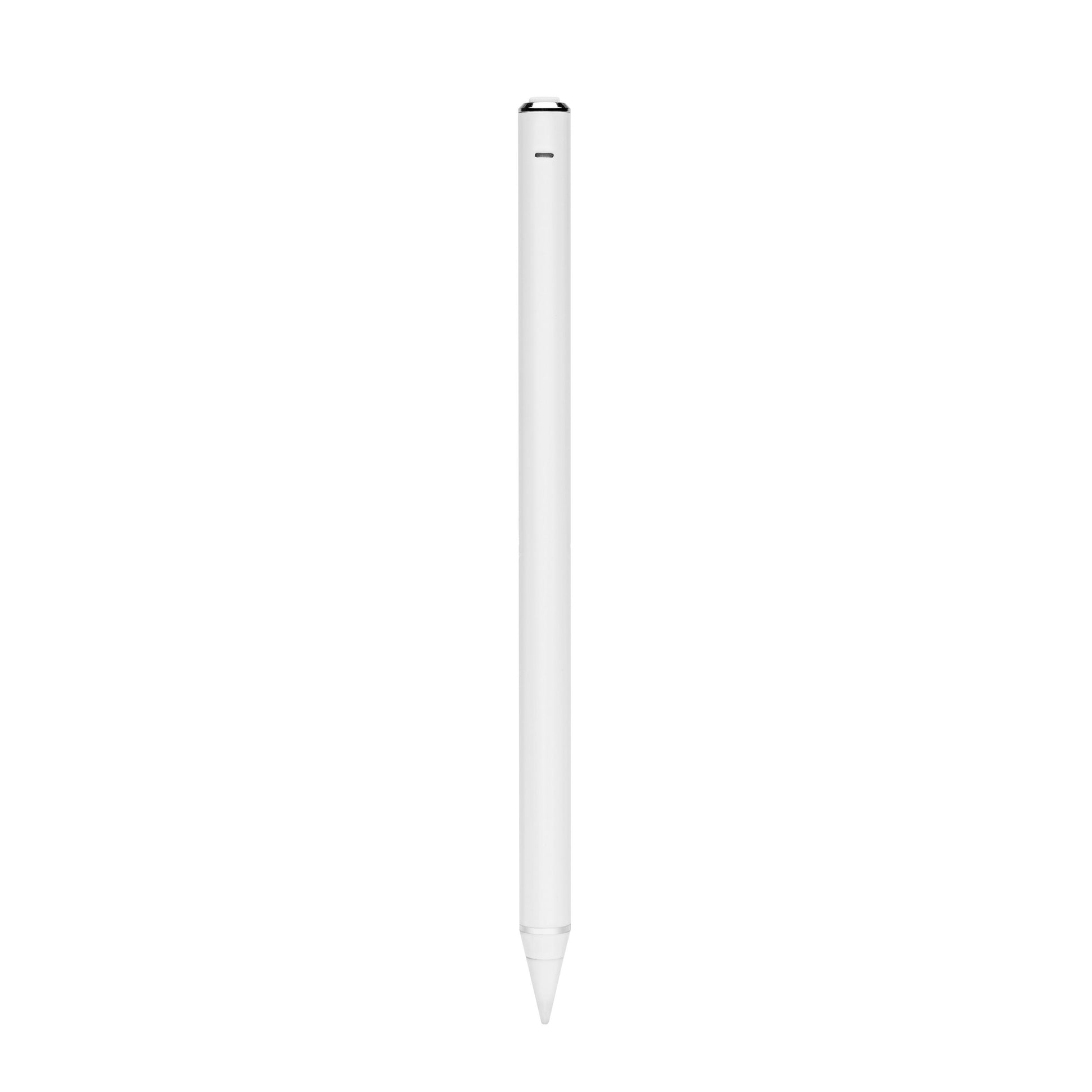 Linocell Digital pen, hvid, cylindrisk krop med spids ende og sølvfarvet bånd nær toppen, vises lodret.