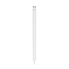 Linocell Digital pen, hvid, cylindrisk krop med spids ende og sølvfarvet bånd nær toppen, vises lodret.