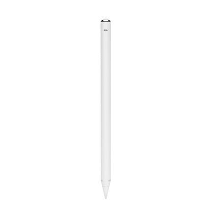 Linocell Digital pen, hvid, cylindrisk krop med spids ende og sølvfarvet bånd nær toppen, vises lodret.