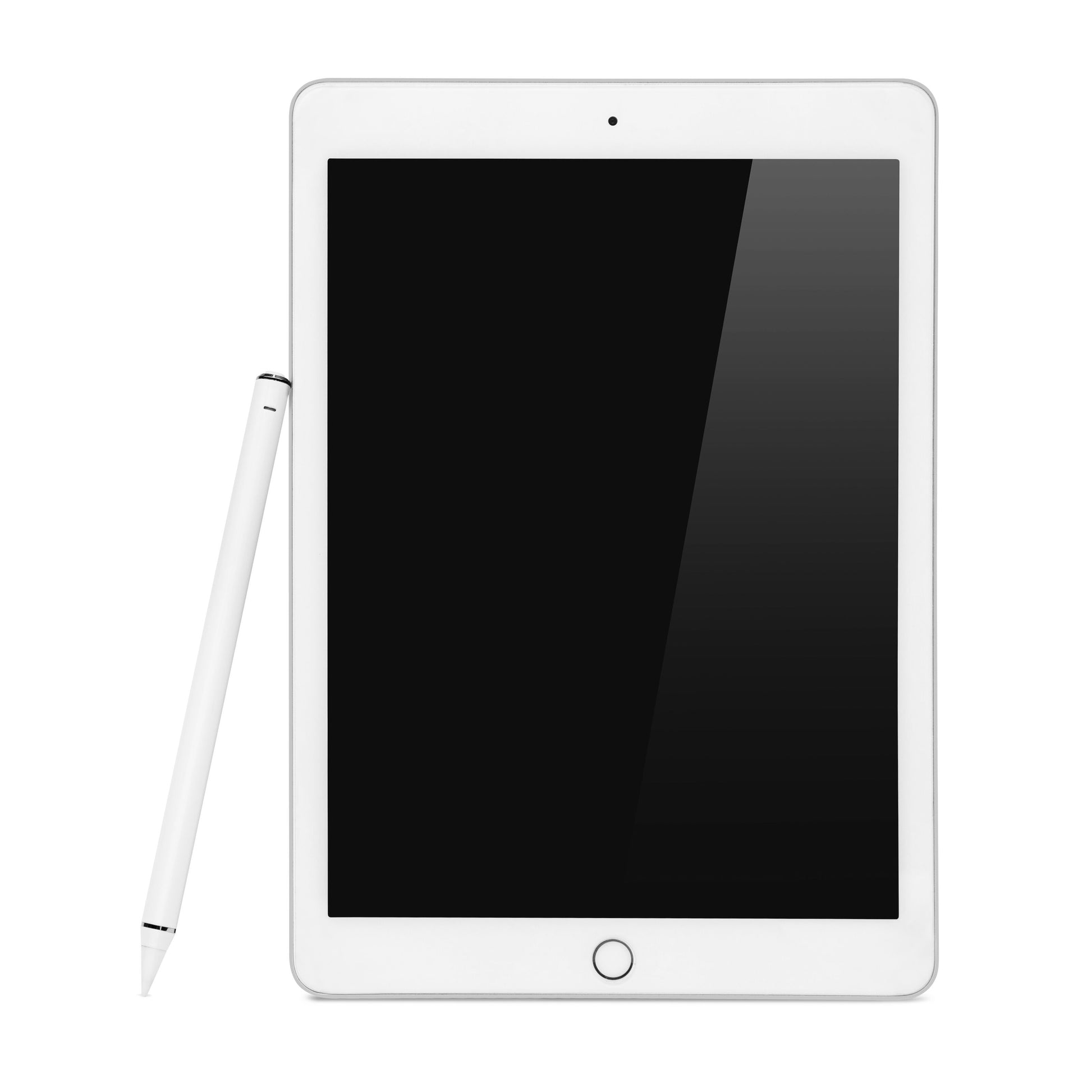 Hvid tablet med sort skærm, cirkulær home-knap, Linocell Digital pen læner op ad venstre side.
