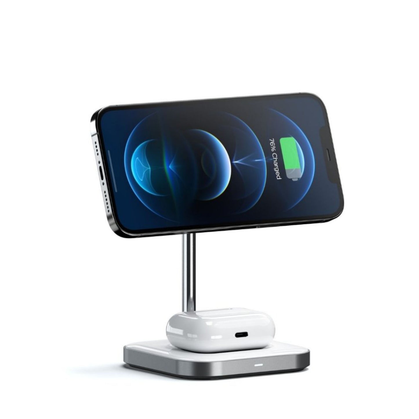 Satechi 2-i-1 Magnetisk Trådløs Opladningsstander med smartphone vandret og AirPods Pro oplader under, opladeikon vises.