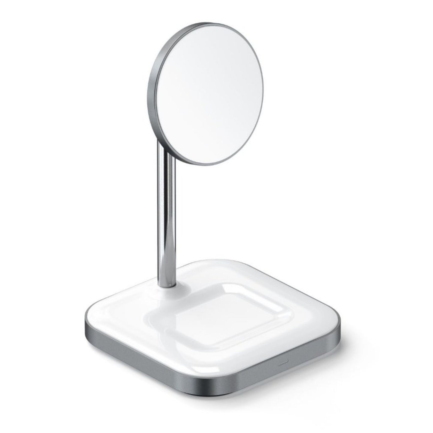 Satechi 2-i-1 magnetisk trådløs opladningsstander hvid/sølv til iPhone 12 og AirPods Pro.