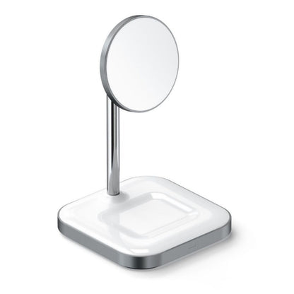 Satechi 2-i-1 magnetisk trådløs opladningsstander hvid/sølv til iPhone 12 og AirPods Pro.