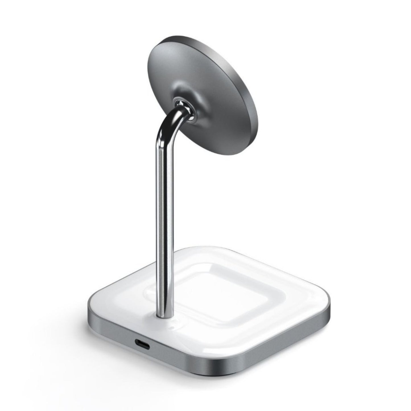 Satechi 2-i-1 magnetisk trådløs opladningsstander med metalstang, magnetisk pad og hvid/sølv base til iPhone 12, AirPods Pro.