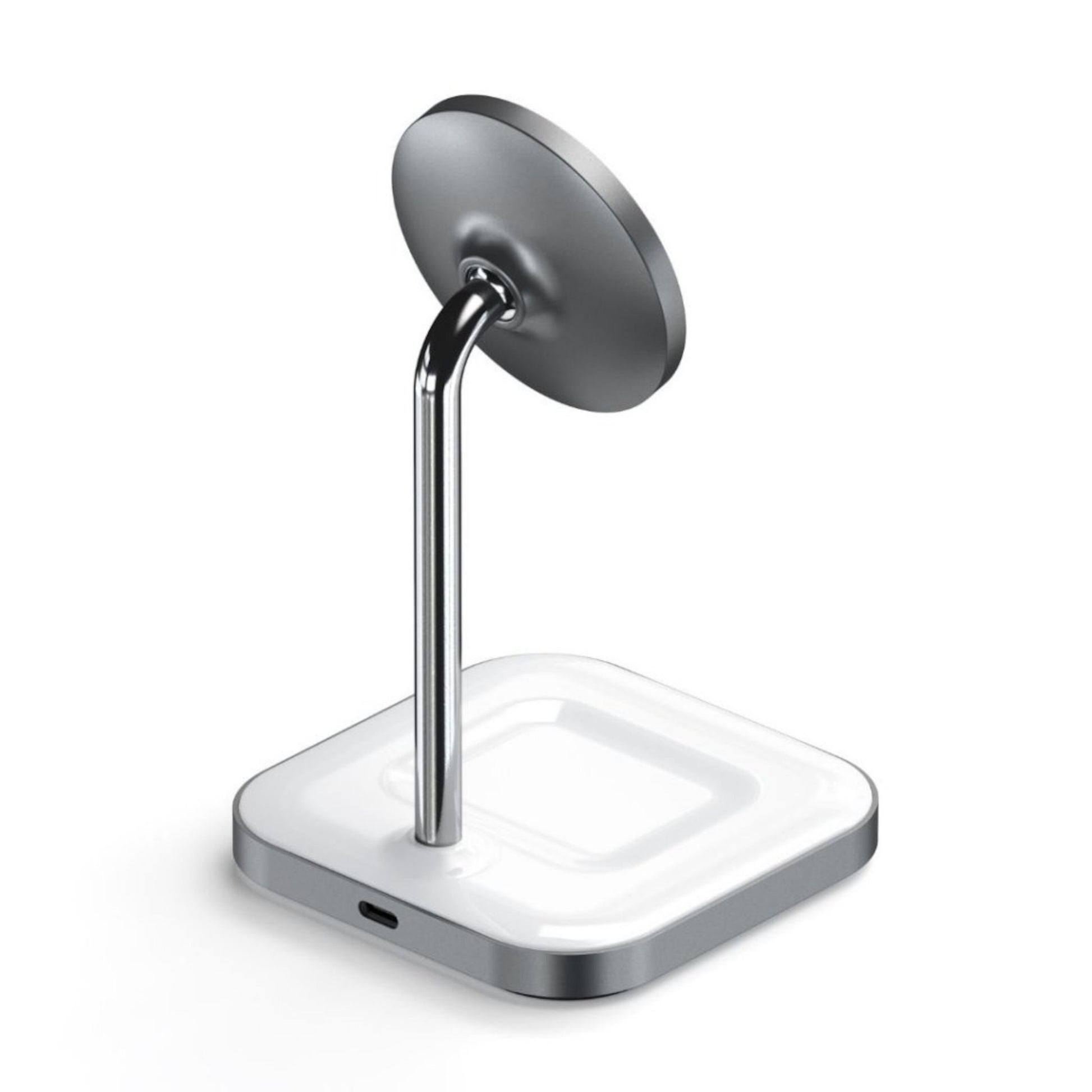 Satechi 2-i-1 magnetisk trådløs opladningsstander med metalstang, magnetisk pad og hvid/sølv base til iPhone 12, AirPods Pro.