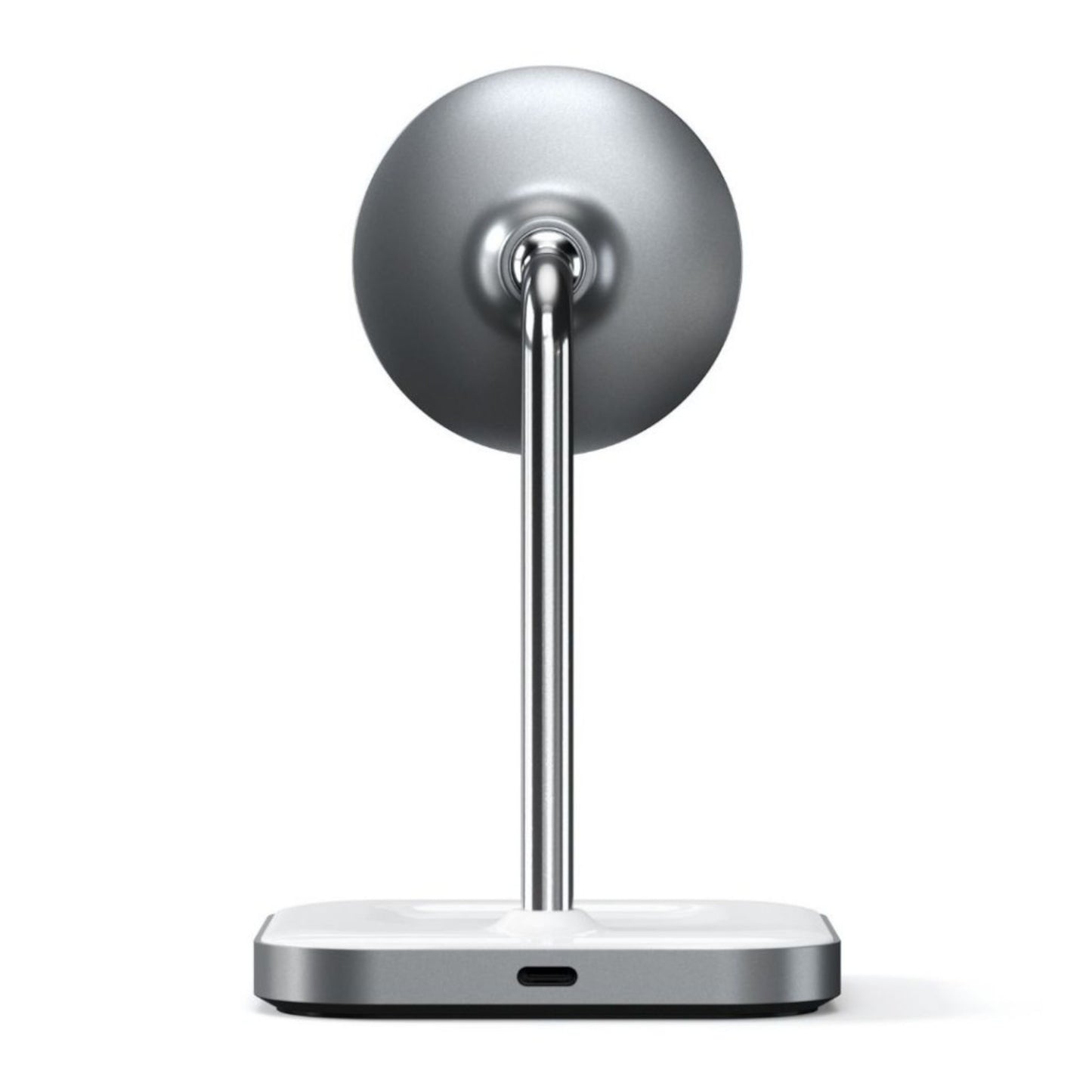 Satechi 2-i-1 magnetisk trådløs opladningsstander, rund magnetoplader, metalstang, hvid base med USB-C-port.