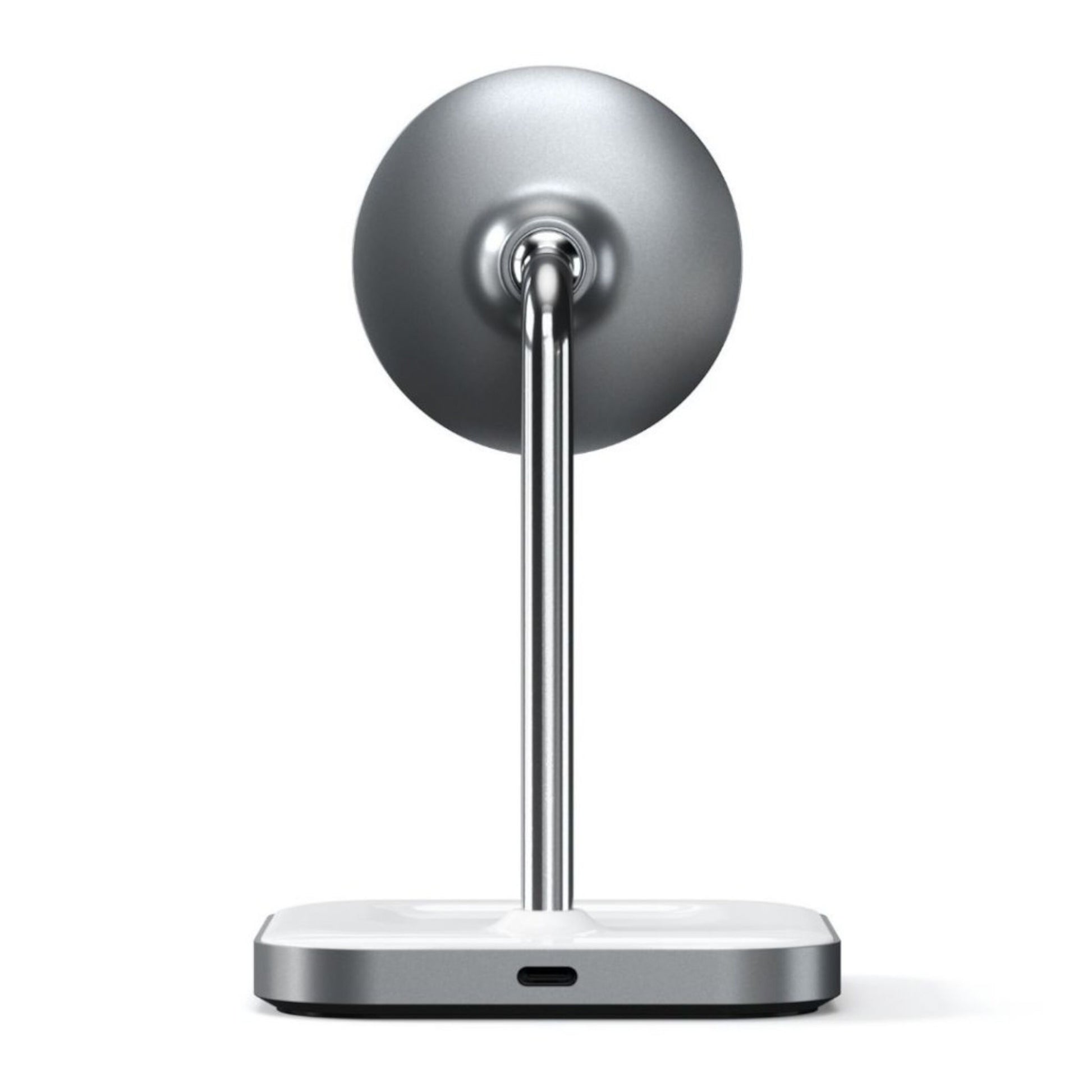 Satechi 2-i-1 magnetisk trådløs opladningsstander, rund magnetoplader, metalstang, hvid base med USB-C-port.