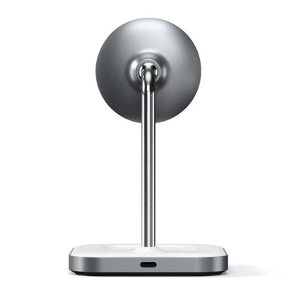 Satechi 2-i-1 magnetisk trådløs opladningsstander, rund magnetoplader, metalstang, hvid base med USB-C-port.