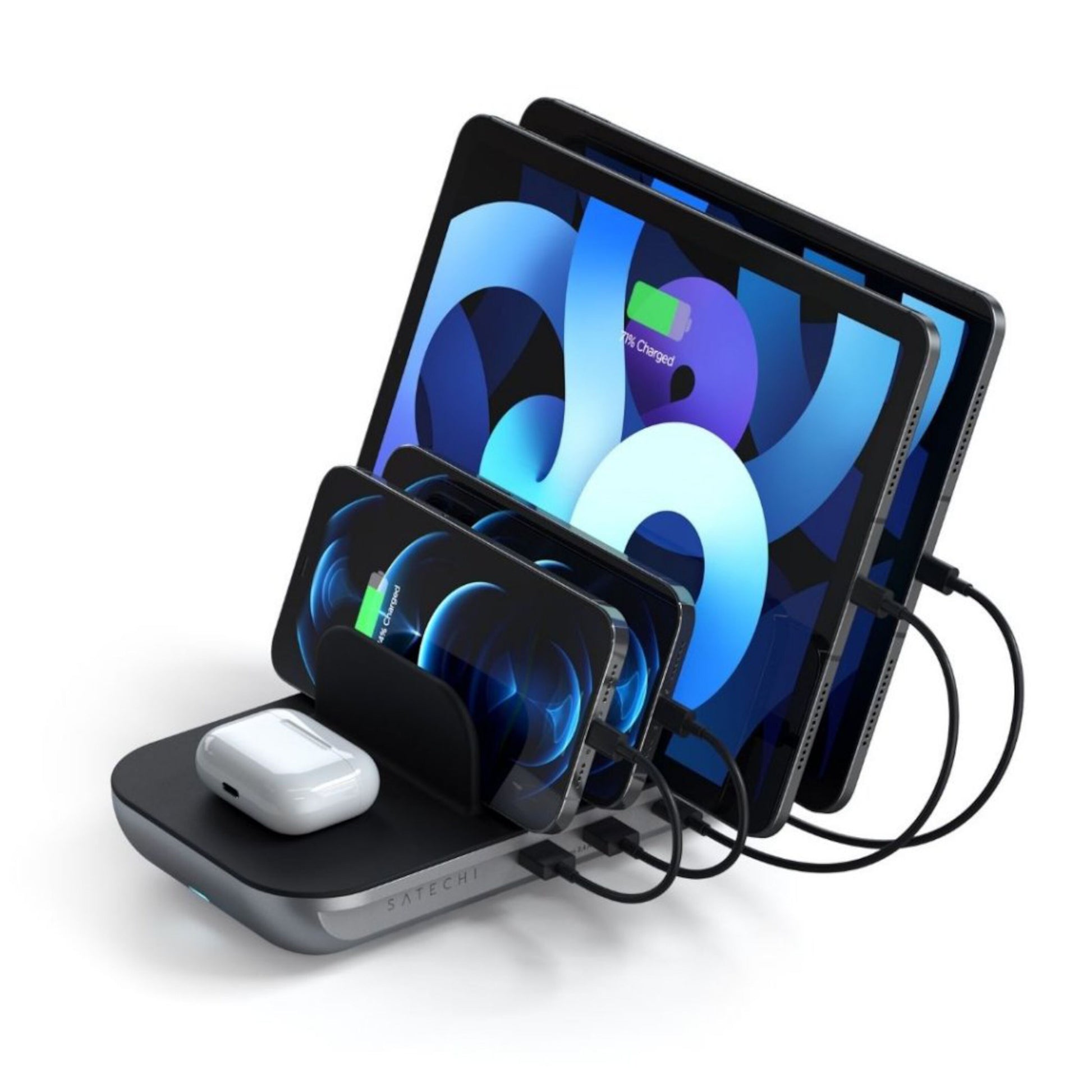 Satechi Dock5 USB-opladningsstation til samtidig opladning af to tablets, to smartphones og trådløse øretelefoner.
