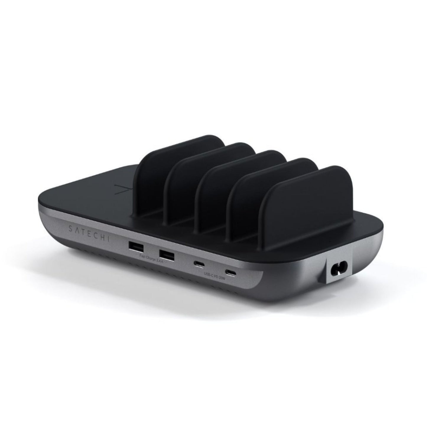 Satechi Dock5 USB-opladningsstation sort med 4 vertikale slots, flere USB-porte på siden og ledningsport i enden.