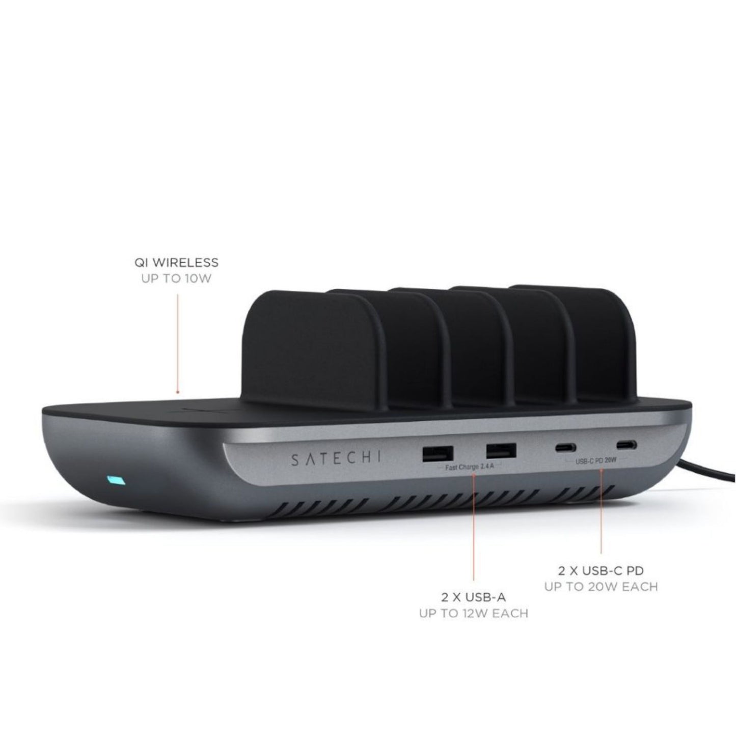 Satechi Dock5 USB-opladningsstation med 4 enhedsslots, trådløs opladning 10W, 2x USB-C PD 20W, 2x USB-A 12W.
