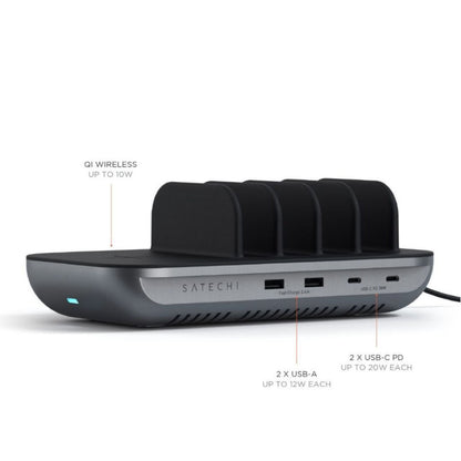 Satechi Dock5 USB-opladningsstation med 4 enhedsslots, trådløs opladning 10W, 2x USB-C PD 20W, 2x USB-A 12W.