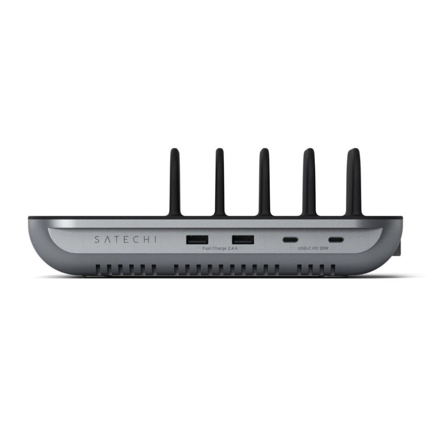 Satechi Dock5 USB opladningsstation grå, fire slags enhedsslots, til 2,4A USB-A port, én USB-C PD 20W port.