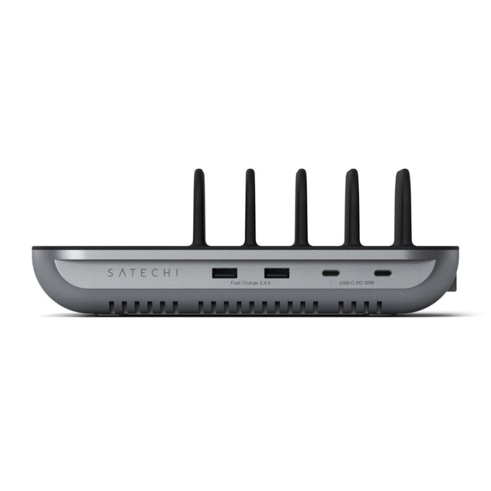 Satechi Dock5 USB opladningsstation grå, fire slags enhedsslots, til 2,4A USB-A port, én USB-C PD 20W port.