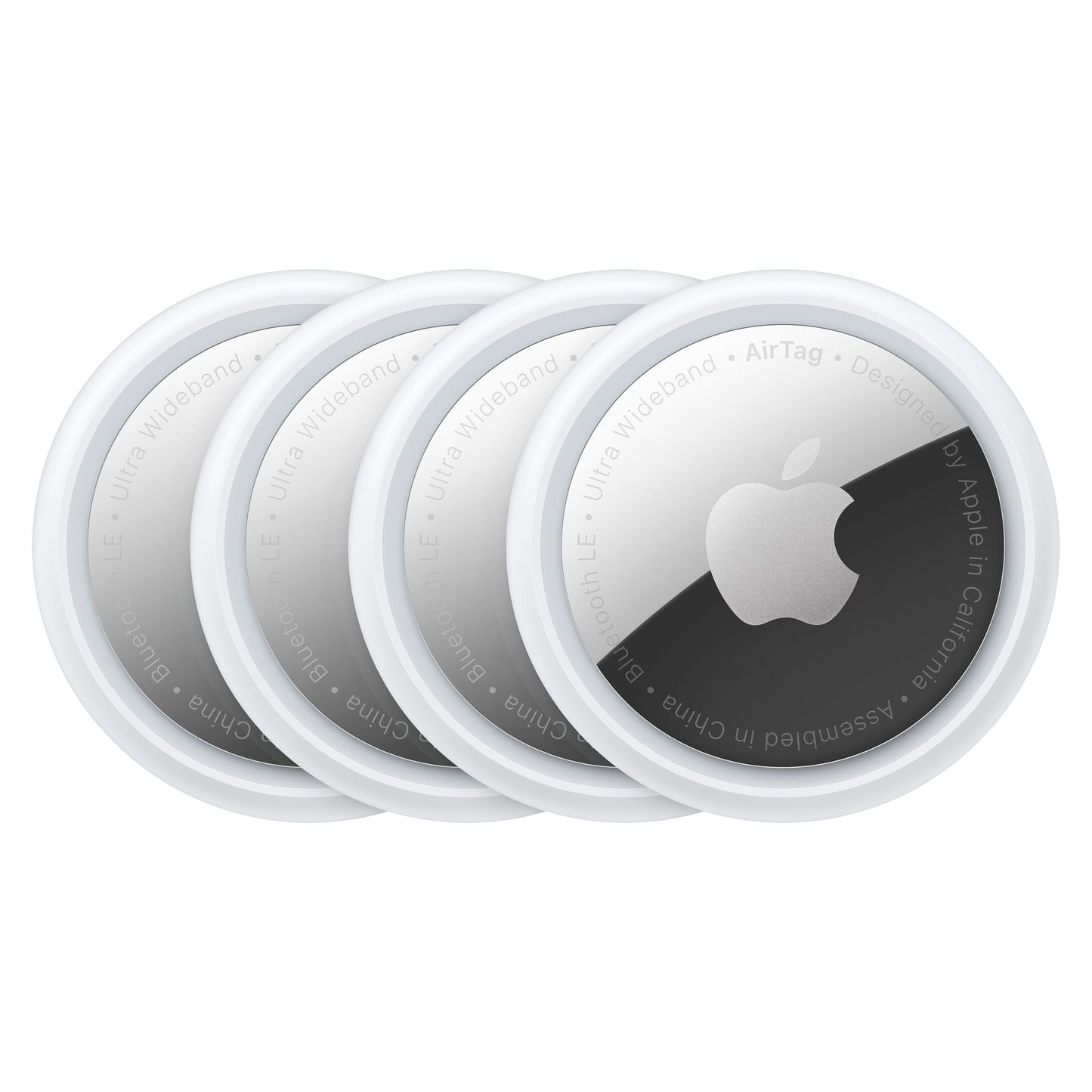 Apple AirTag 4-pak, fire hvide runde sporingsenheder med metallisk midte og Apple-logo.