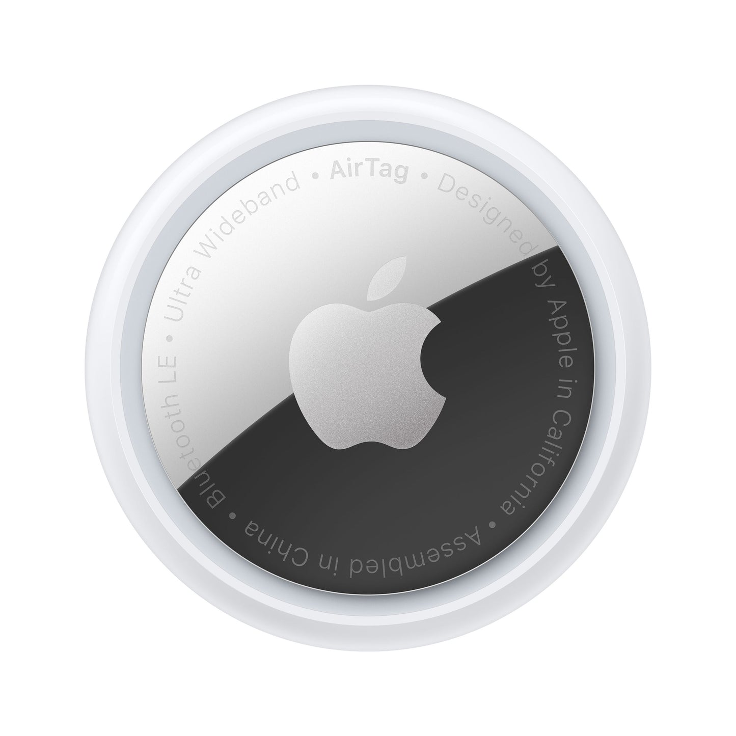 Apple AirTag 4-pak, små runde trackere med sølvfarvet midte og Apple-logo, Find-netværk.