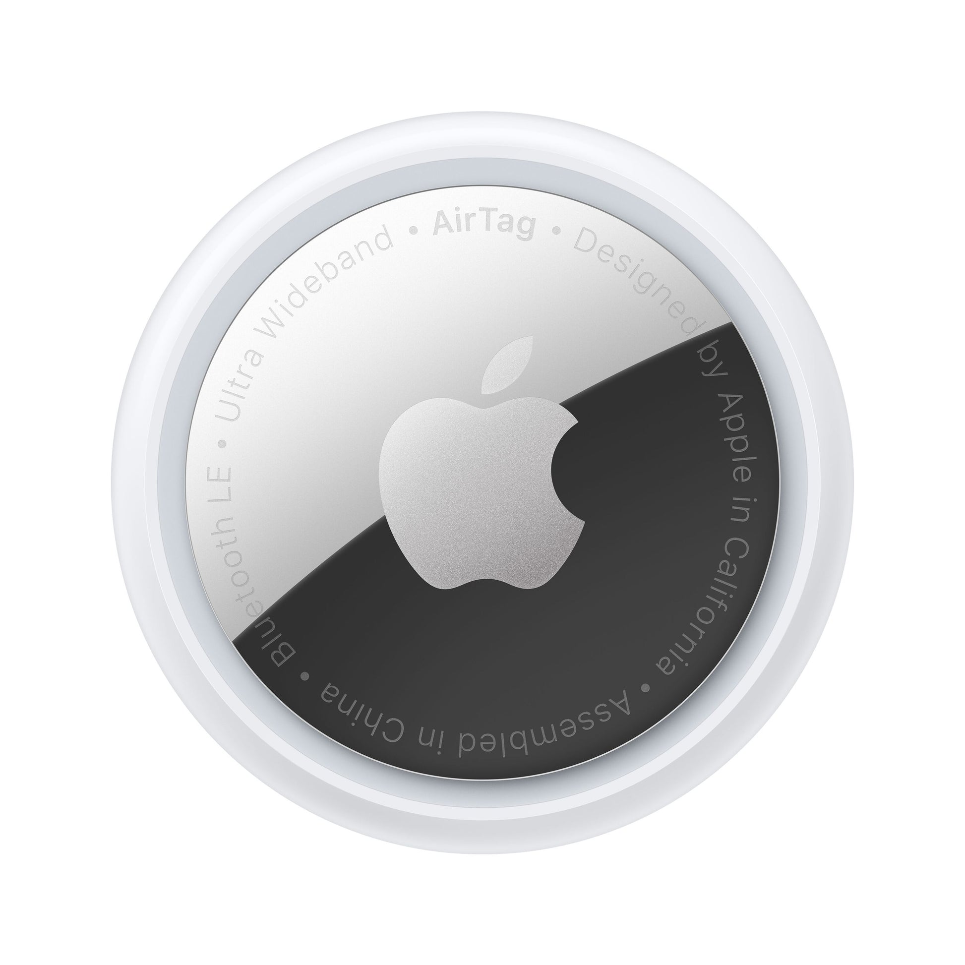 Apple AirTag 4-pak, små runde trackere med sølvfarvet midte og Apple-logo, Find-netværk.