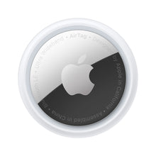 Apple AirTag 4-pak, små runde trackere med sølvfarvet midte og Apple-logo, Find-netværk.