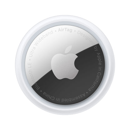 Apple AirTag 4-pak, små runde trackere med sølvfarvet midte og Apple-logo, Find-netværk.