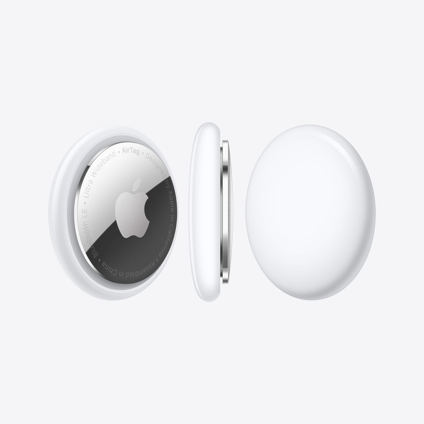 Apple AirTag 4-pak, smarte sporingsenheder med Apple-logo, side- og taskevisning, Find-netværk integration.